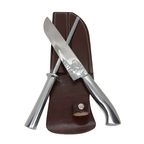 Conjunto faca e chaira 8 com cabo de alumínio e bainha de couro PITEIRA 1908